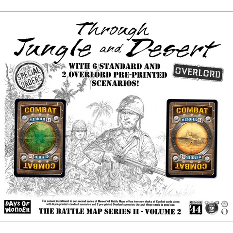 Days of Wonder's Memoir '44: Through Jungle and Desert Expansion includes Battle Maps with soldier illustrations, combat cards, badges, and features 6 standard and 2 Overlord pre-printed scenarios.
