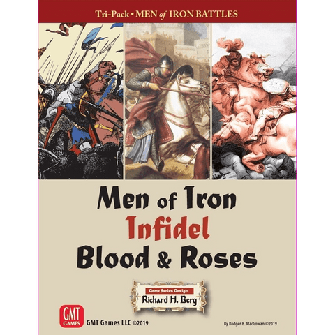The Men of Iron Battles Tri-pack: Infidel, Blood & Roses by GMT Games features a box cover with three medieval battle scenes and titles for each game, showcasing this classic wargame set.