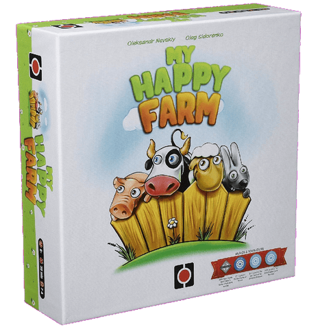 The My Happy Farm board game box by Portal Games shows cute illustrations of a pig, cow, sheep, and rabbit peeking over a wooden fence, with the game’s logo and awards displayed on the front.