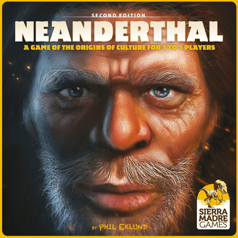 Close-up illustration of a Neanderthal with intense eyes and detailed skin. Text: Neanderthal Second Edition—an Ice Age human evolution strategy game for 1–3 players by Phil Eklund. Ion Game Design logo.