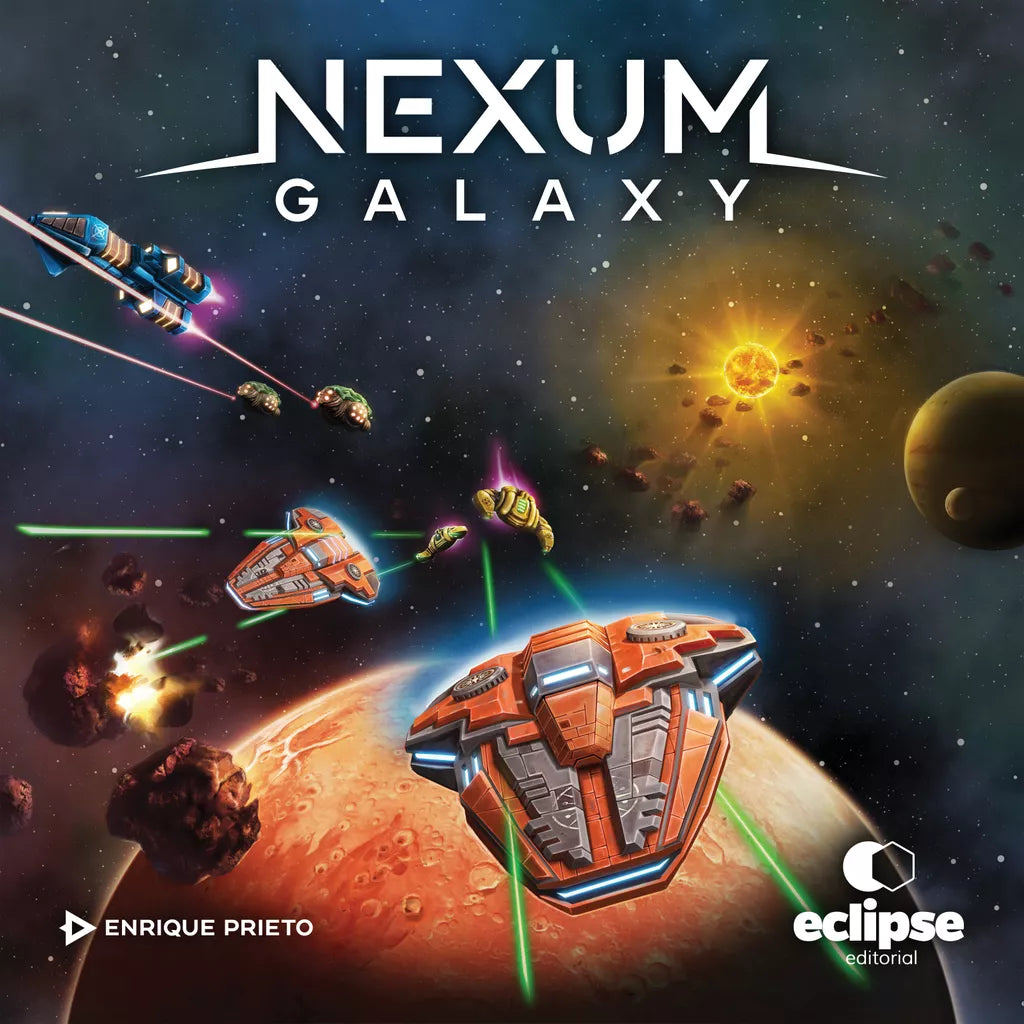 Spaceships fire lasers in outer space above a planet, with a bright sun, asteroids, and distant planets in view. “Nexum Galaxy” by Eclipse Editorial captures the excitement of this thrilling science fiction space game adventure.