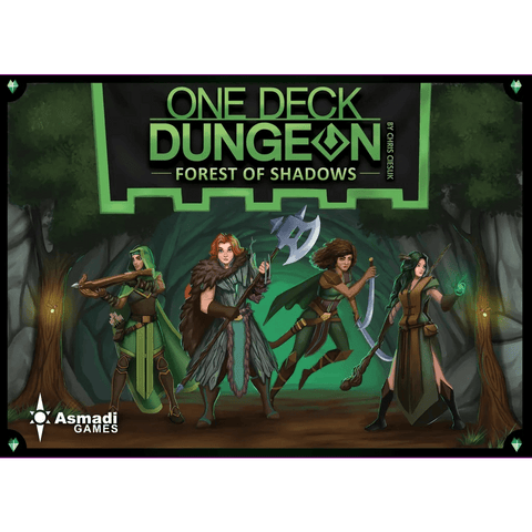 Four heroines in adventurer gear, armed and ready, stand before a cave in a shadowy forest. Above them: "One Deck Dungeon: Forest of Shadows," a roguelike card game from Asmadi Games.
