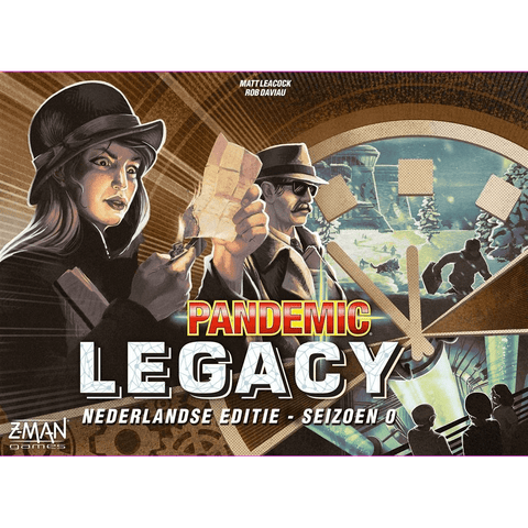 The cover of Pandemic Legacy Seizoen 0 NL by Z-Man Games shows two agents with maps and files, a doomsday clock, snowy scenery, and hazmat-suited figures under bold red and white title text.