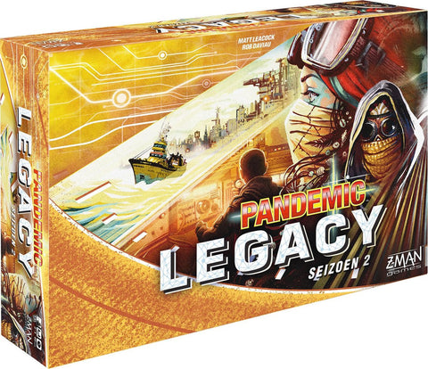 The image shows the box for Pandemic Legacy Seizoen 2 Yellow NL by Z-Man Games, a coöperatief bordspel met futuristische gemaskerde figuren, schepen en een stadsgezicht in opvallend geel en oranje.