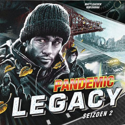 A striking image shows three people in warm clothing, a city skyline, red bridge, and helicopter. The text reads “Pandemic Legacy Seizoen 2 Black NL,” a coöperatief bordspel voor 2-4 spelers van Z-Man Games.