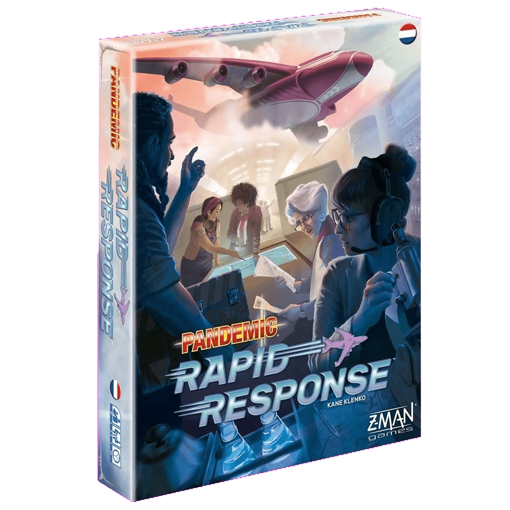 The box cover of Pandemic Rapid Response (NL) by Z-Man Games shows a team in an airplane using computers and equipment, with a pink plane flying above. The game's title and Z-Man Games logo are clearly visible.