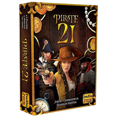 The box cover of Pirate 21 by Indie Boards & Cards shows a woman in a brown hat aiming a pistol, with two male pirates behind her, plus gold coins and a compass in the background. It's a competitive card game for 2-6 players.
