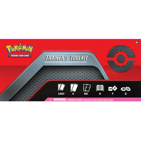 The image shows the front of the Pokemon TCG: Trainer's Toolkit box by Pokemon USA for the Pokemon Trading Card Game, featuring the Pokémon logo, icons for cards, sleeves, dice, and a small parts choking hazard warning.