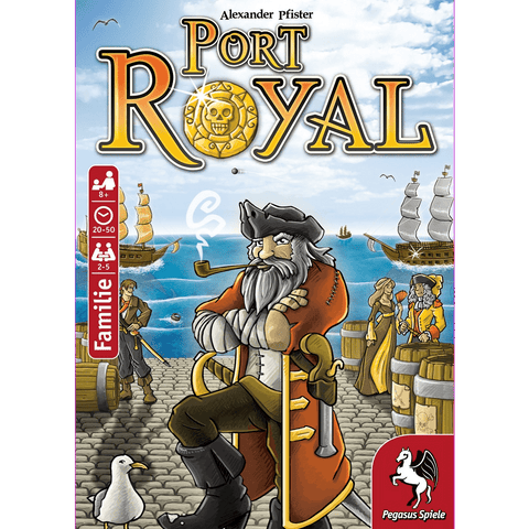 Port Royal cover art shows a bearded pirate with a hat and pipe on a dock by the Caribbean Sea, ships in the background, gold coins around, and the Pegasus Spiele logo in the corner.