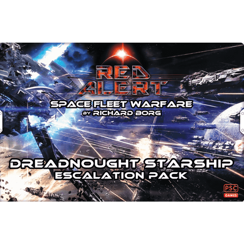 Box cover for Red Alert: Space Fleet Warfare – Dreadnought Starship Escalation Pack by PSC Games, depicting a dramatic space battle with starships firing lasers and explosions.