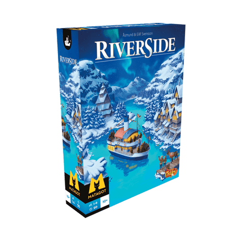 A 3D box image of Riverside EN/FR by Chilifox Games, depicting snowy mountains, icy water, a boat, and a village with cabins and pines. The blue winter-themed cover highlights this unique roll-and-write adventure.