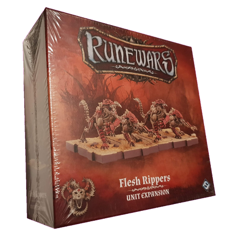 Factory sealed RuneWars Flesh Rippers Expansion by Fantasy Flight Games, featuring fierce creatures on a red background—ideal for expanding your Uthuk Y’llan Army in the Runewars Miniatures Game.