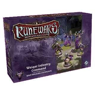 Fantasy Flight Games RuneWars Waiqar Infantry Command Unit Upgrade Expansion includes painted undead miniatures, upgrade cards, and gothic artwork with a purple background.