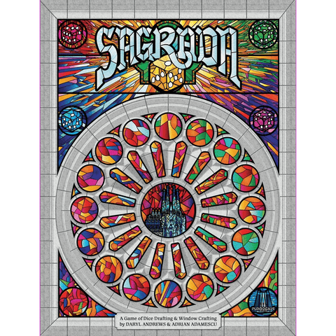 The cover art for Sagrada by Floodgate Games showcases a vivid stained glass window with colorful geometric shapes and circles, topped with the Sagrada title in stylized lettering.