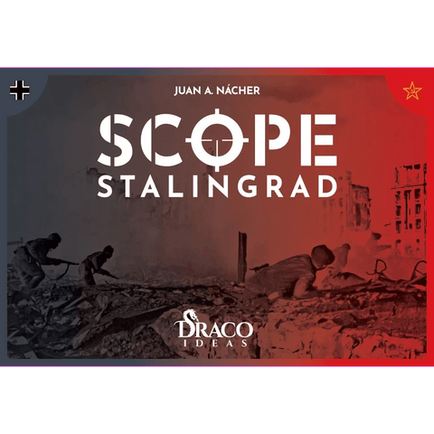 Board game cover for Scope Stalingrad by Draco Ideas, featuring silhouette soldiers amid ruins with faded German and Soviet symbols—ideal art for a sniper-themed Battle of Stalingrad game. Draco Ideas logo appears at the bottom.