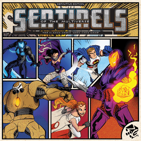 Comic-style cover art for Greater Than Games’ Sentinels of the Multiverse: Definitive Edition features six diverse superheroes in dynamic poses, with bold colors and backgrounds that capture a classic comic book vibe.