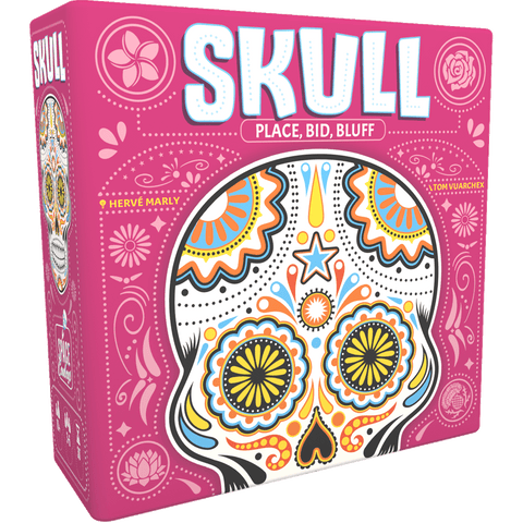 A pink box for the Skull board game by Space Cowboys, featuring vibrant Day of the Dead-inspired skull art and bold SKULL lettering. Includes the tagline "Place, Bid, Bluff" for this risk-taking bluffing game.