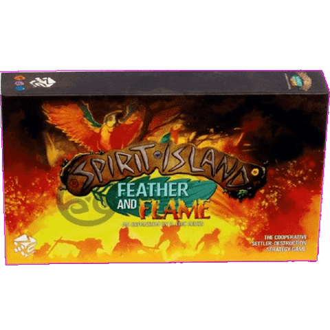 Box cover of the Spirit Island: Feather & Flame Expansion by Greater Than Games, showing a vibrant bird above the title with spirits’ silhouettes against a fiery backdrop.