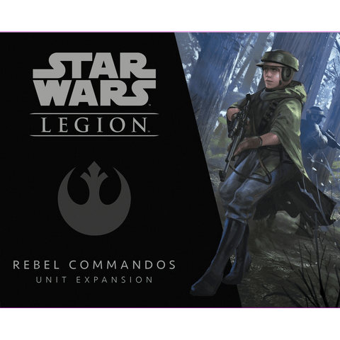 The Star Wars: Legion Rebel Commandos Unit Expansion by Fantasy Flight Games features box art of camo-clad Rebel Commandos stealthily advancing with blasters in a forest, highlighted by the game’s branding and logo.