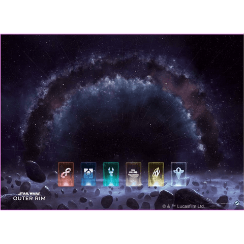 The Star Wars: Outer Rim Game Mat by Fantasy Flight Games features a starry galaxy background with a glowing arc, asteroids, and six colorful game role icons—perfect as an accessory for your Outer Rim sessions.