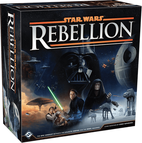 The Star Wars: Rebellion box cover from Fantasy Flight Games shows Darth Vader, the Death Star, and major Rebel and Empire characters in a dramatic space scene, with the game's title featured at the top.