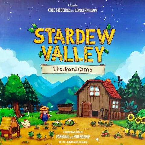 The cover of Stardew Valley: The Board Game by ConcernedApe features a vibrant farm with a barn, farmhouse, crops, animals, a farmer, and a dog under a blue sky. The title appears in large yellow letters. This cooperative game is inspired by the hit video game.