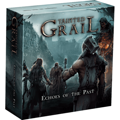 Box cover of Tainted Grail: The Fall of Avalon – Echoes of the Past Expansion by Awaken Realms shows four characters in ragged clothing approaching ancient ruins beneath a stormy sky, with the title and Legendary Action card displayed above.