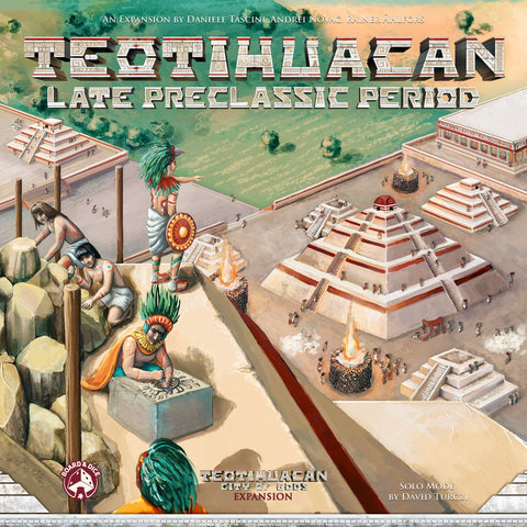 Illustration of an ancient Mesoamerican city with stepped pyramids and people in traditional clothing, titled "Teotihuacan: Late Preclassic Period (with taalpak)" by Jumping Turtle Games. Inspired by the Teotihuacan board game and its expansion.