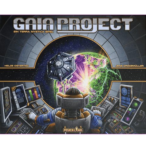 A person in a spacesuit sits at a control panel, gazing at a space station with monitors. "Terra Mystica: Gaia Project DE" by Feuerland Spiele, the acclaimed strategy board game, is displayed at the top.