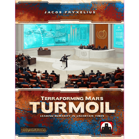 The cover of Terraforming Mars: Turmoil Expansion by Stronghold Games features a futuristic council chamber with people seated and one gesturing at a large display screen, with the game's title and author's name prominently shown.