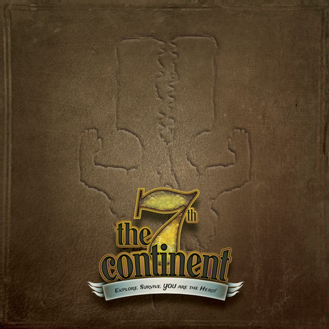 A textured brown game box from Serious Poulp, The 7th Continent Core Box: Classic Edition, features an embossed two-headed serpent, ornate title lettering, and the tagline "Explore. Survive. YOU are the Hero!" on a ribbon below.