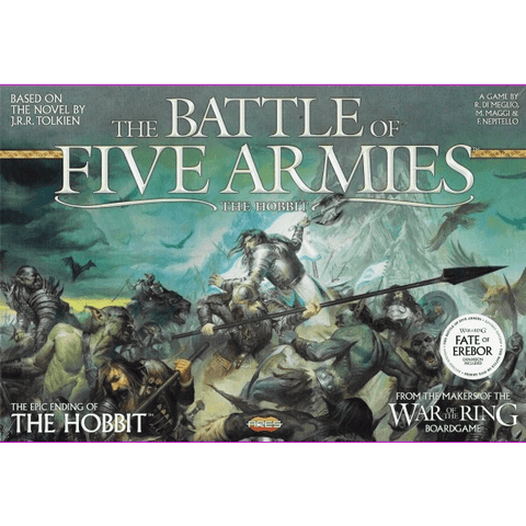 Box cover art for The Battle of Five Armies (including The Fate of Erebor Expansion) by Ares Games, a War of the Ring series game inspired by Tolkien’s The Hobbit, features an epic fantasy battle scene with warriors and creatures. Title and credits overlayed.