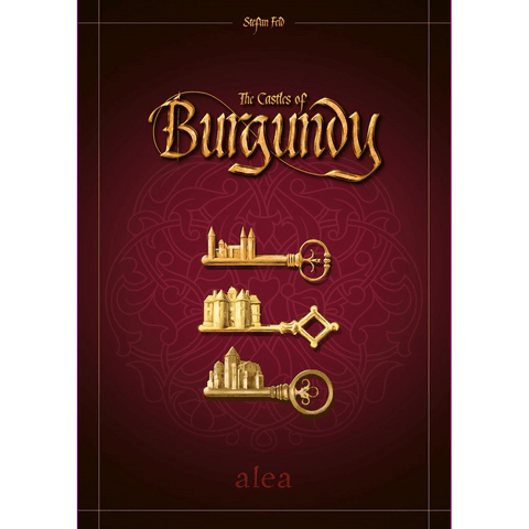 The Castles of Burgundy (20th Anniversary) - EN/DE/FR by Ravensburger features three ornate golden keys with castle designs on a dark red box cover, celebrating the classic board game with hints at possible expansions.