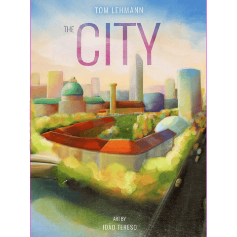 Cover art for The City: Upgraded Edition by Eagle-Gryphon Games features a vibrant cityscape under a blue sky, painted by João Tereso. Includes Iconic City packs for extra variety.