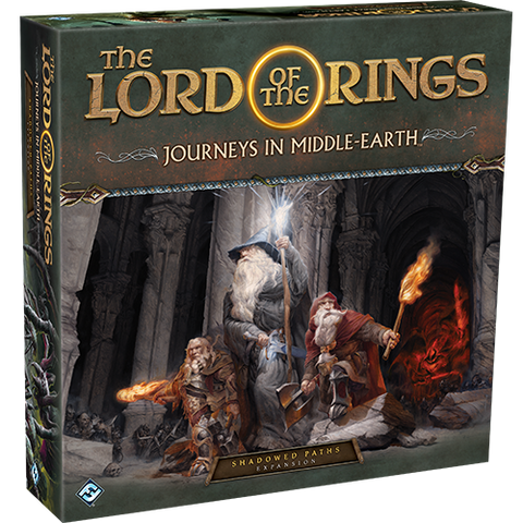 Box cover for Fantasy Flight Games' The Lord of the Rings: Journeys in Middle-earth – Shadowed Paths Expansion, showing Gandalf, Legolas, and Gimli entering a dark stone arch with weapons and torches.