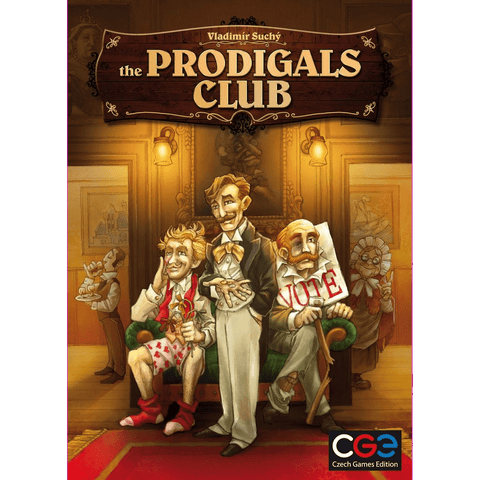 Three animated men in Victorian attire from The Prodigals Club by Czech Games Edition (CGE) sit on a couch: one scruffy with cards, another elegantly dressed, and a third holding a "VOTE" sign. A warmly lit setting with framed art hints at the classic board game’s era.