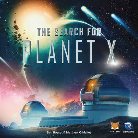 A sci-fi illustration depicts observatories under a starry sky with a large planet behind them. "The Search for Planet X" is displayed, capturing the thrill of astronomy in this Renegade Game Studios board game. Creator and publisher logos are at the bottom.