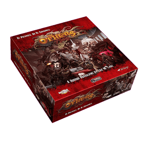 A red, rectangular box for The Others: 7 Sins (Core Box) by Cool Mini Or Not, designed by Eric M. Lang, features dark monsters and heroes battling on the cover, with stylized title text and brand logos on the sides.