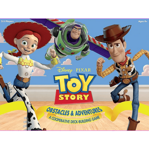 The Toy Story: Obstacles and Adventures board game by USAopoly features Jessie, Buzz Lightyear, and Woody on the cover. This cooperative deck-building family game is for 2-5 players ages 8+, perfect for fun adventures together.