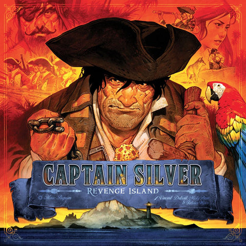 Illustrated cover for Matagot's Treasure Island: Captain Silver Revenge Island Expansion, showing a rugged pirate with a tricorne hat and chains, a colorful parrot, and dramatic pirate scenes on a volcano island backdrop.