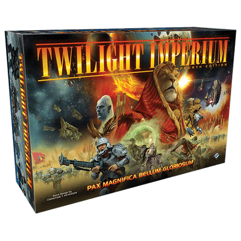 Box for Fantasy Flight Games' Twilight Imperium (Fourth Edition) displaying a dramatic sci-fi scene with spaceships, planets, explosions, and diverse alien and human characters.