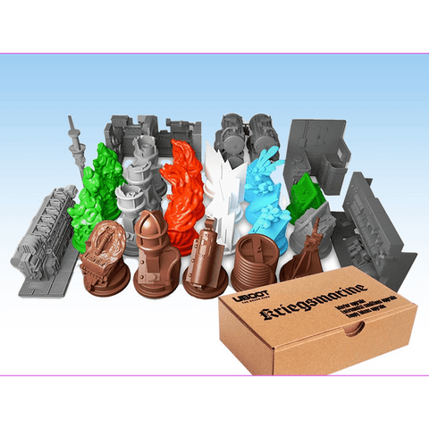 The U-Boot The Board Game - All Resin Pack by Phalanx includes colorful resin pieces—green, red, and blue flames, gray buildings, brown tokens—and features a Kriegsmarine box with the Lidcot logo from this WWII submarine game.