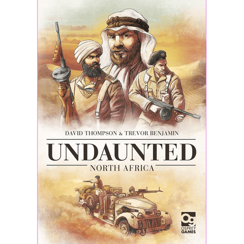 The illustrated cover of Osprey Games' Undaunted: North Africa, a WWII board game, features three armed soldiers in desert uniforms, a military vehicle on sandy dunes, and swirling dust adding intensity to the scene.