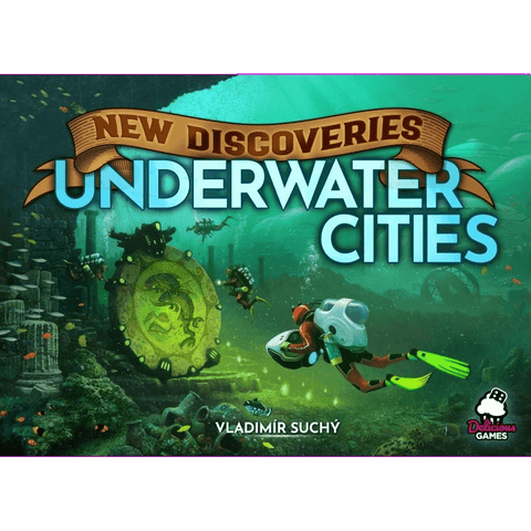 The cover of the Underwater Cities New Discoveries Expansion by Delicious Games features divers in futuristic gear exploring a vibrant underwater city filled with coral, sea life, and a large golden disc, with the title and Delicious Games logo clearly displayed.