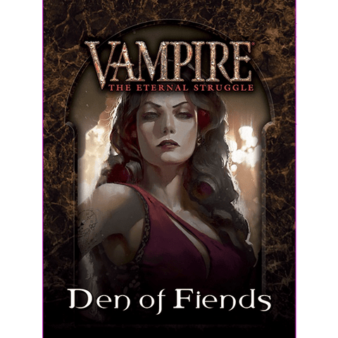 The Vampire The Eternal Struggle Den of Fiends Deck by Black Chantry Productions features gothic art of a serious, dark-haired woman in red, capturing the eerie supernatural world of Clan Tzimisce.