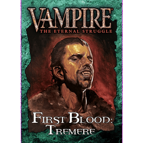 Cover art for Vampire The Eternal Struggle Tremere First Blood Deck by Black Chantry Productions, showing a snarling vampire with fangs bared against a dark green textured background.