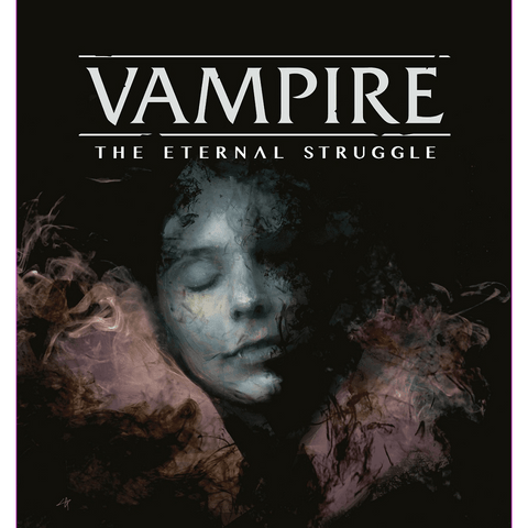 A surreal, smoky portrait of a serene, pale face with closed eyes floats in darkness. Above, bold text reads Vampire The Eternal Struggle (Fifth Edition) by Black Chantry Productions. Shadows and mist swirl around the figure.