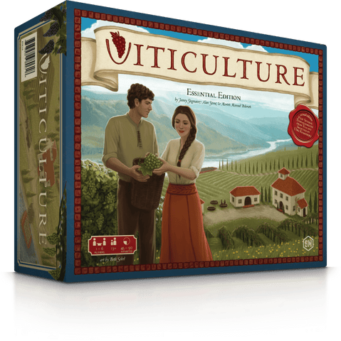Box cover of Viticulture Essential Edition, a vineyard board game, depicting a man and woman harvesting grapes amid rolling hills, lush vineyards, and farmhouses in a picturesque landscape.