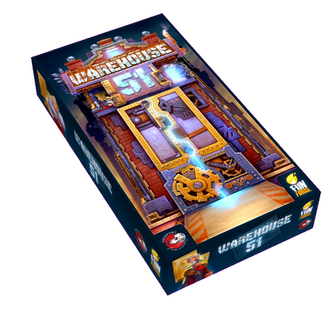 The Warehouse 51 board game box by Fun Forge features a stylized gear door with glowing blue energy, suggesting rare artifacts and relics inside. Publisher logos appear on the edges, all set against a dark backdrop.