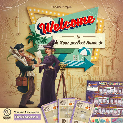 A vintage-style "Welcome to Your Perfect Home" sign appears above a smiling couple in Halloween costumes with palm trees and a Ferris wheel, featuring the Welcome To: Halloween Expansion by Deep Water Games. Game components and score sheets are displayed below.